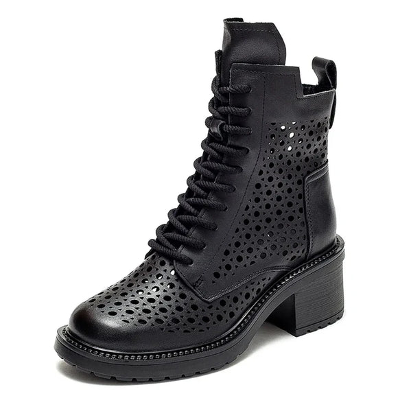 6cm Leather Sandals Hollow Ankle Booties Motorcycle Natural Women Chimney Moccasins Summer Shoes MartLion