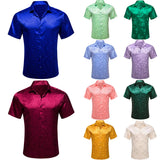 Luxury Shirts Men's Summer Silk Short Sleeve Blue Red Black Pink Green Gold Flower Slim Fit Casual Tops Blouses Barry Wang MartLion   