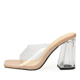 Liyke PVC Transparent Crystal Clear Heels Women Slippers Outdoor Square Open Toe Summer Sandal Shoes Female Mules Mart Lion Apricot 35 