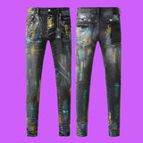 Purple Jeans Black Label Tinted American Street Destroy Wash Repair Low Raise Skinny Denim Jeans MartLion   