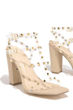 Luxury Brand Design Summer Rivet High Heels Women's Thick Heel Sandals Mid-heel Open Toe With PVC  Buckle Strap Square Heel