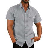 Cotton Linen Men's Short-Sleeved Shirts Summer Solid Color Stand-Up Collar Casual Beach Style Mart Lion GRAY M 