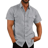 Cotton Linen Men's Short-Sleeved Shirts Summer Solid Color Stand-Up Collar Casual Beach Style MartLion GRAY XXXL 