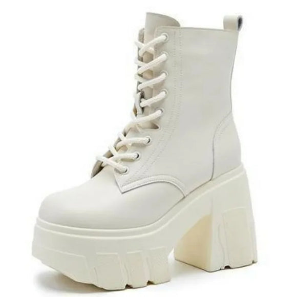 Microfiber Leather Women High Increase Casual Ankle Boots Pumps Heels White Shoes Platform Wedge Shoes MartLion