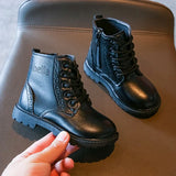 Kids Casual Boots PU Leather Black Zipper for Boys Girls Cross-tied Children Ankle High Boots Anti-skid Round Toes Soft MartLion