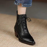 Winter Pointed Toe Women Boots Chunky Heel Shoes Short Retro Western Genuine Leather MartLion   