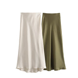 Women's Flowing Satin Midi Skirt Women Vintage Elastic  Waist Flared Street Skirt MartLion   