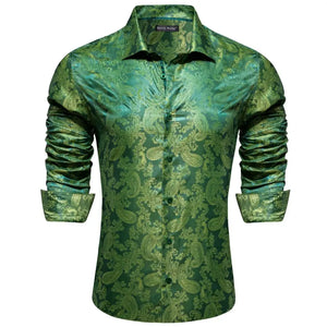 Designer Shirts for Men's Silk Embroidered Silk Blue Green Gold White Black Paisley Long Sleeve Blouses Tops Barry Wang MartLion 0825 S 