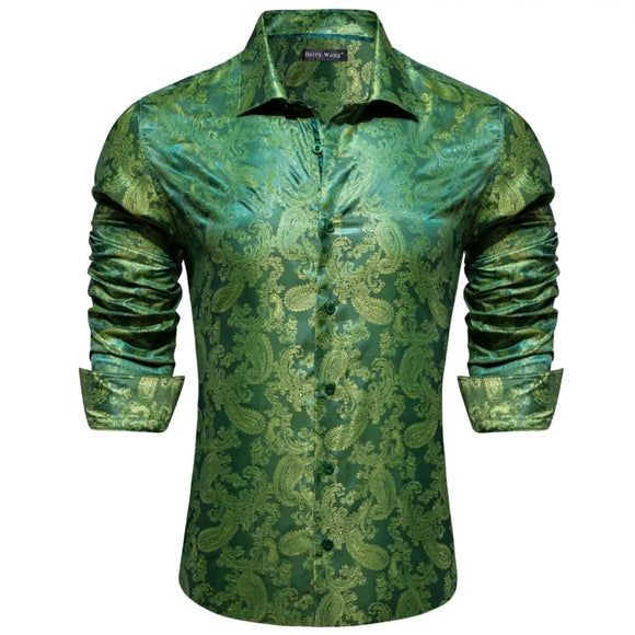 Designer Shirts for Men's Silk Embroidered Silk Blue Green Gold White Black Paisley Long Sleeve Blouses Tops Barry Wang MartLion 0825 S 