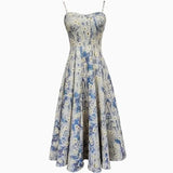 Dress Women Chic French Style Blue Oil Painting Skirt  Floral Waist-fitted Tank Frock Long Sling For Female MartLion Dress XL 