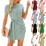  Women's Summer Dress Elegant Printed Above Knee Dresses O-Neck Short Sleeves Ladies Frocks MartLion - Mart Lion