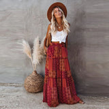 Ethnic Style Vintage Long Skirt Women Summer Loose Beach Ladies  Casual MartLion Red S 