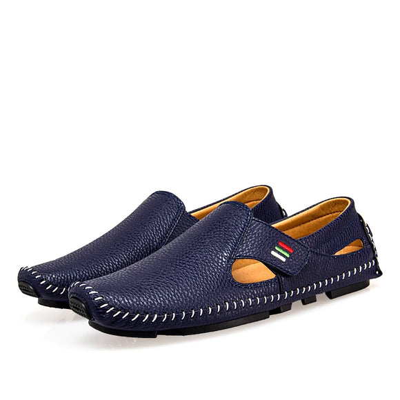 Summer Breathable Leather Shoes Men's Casual Loafers Brand Design Handmade Flats Soft Leather Moccasins Boat MartLion Blue 37 