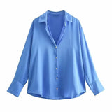 Women Satin Blouses Button Down Tops Long Sleeve Casual Office Work Shirt V-Neck Loose T-Shirt Female Vintage Y2K Clothing MartLion S Blue 