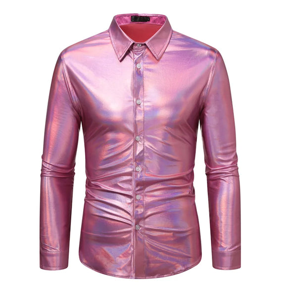 Pink Metallic Glitter Shirt Men's Disco Dance Halloween Party Chemise Homme Stage Prom Shiny Shirt MartLion Pink US Size S 
