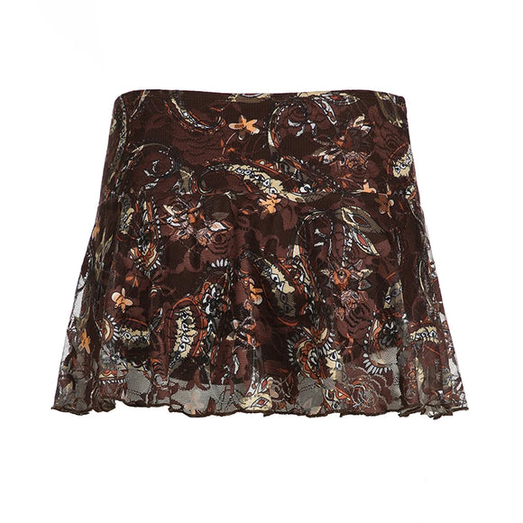 Vintage Mini Skirts for Women Low Waisted Brown Bottoms Paisley Print Lace Skirts MartLion   