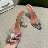 Rhinestones Bowknot Transparent PVC Women Slippers Elegant High heels Summer Shoes Sandals Mules Slides MartLion   