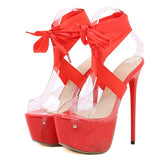 Liyke Red Thigh High Lace-Up Platform Sandals Women 16.5 CM Transparent Shoes Stiletto Peep Toe Stripper Heels Mart Lion   