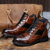 Men's Boots Autumn Spring Leather Round Toe Vintage Crocodile Pattern Shoes Leisure High Top Mart Lion   