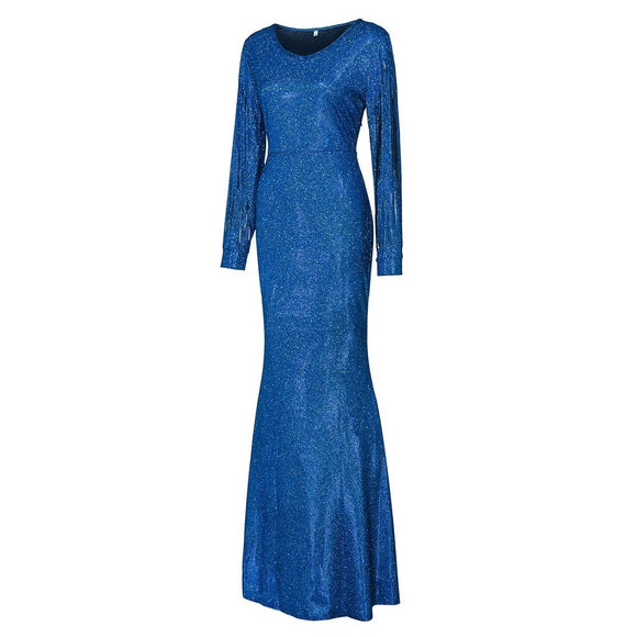 Dress Elegant Floor-Length Dresses For Women's Round Collar Long Sleeves Solid Color Ladies Frocks MartLion   