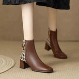 Retro Women Autumn Squared Toe Ankle Boots Block Heels Black Patchwork Leather High Heels Short British Ladies Shoes MartLion brown 39 
