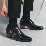 Patent Leather Double Buckle Men's Loafers Thick Heel Black Formal Shoes Casual High Heel Zapatos Casuales Para Hombres MartLion   