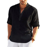 Men's V-neck t  Blouse Cotton Linen Shirt Loose Tops Long Sleeve Tee Shirt Spring Autumn Casual Handsome Mart Lion Black S China|No