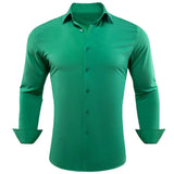 Designer Shirts Men's Silk Satin Dark Green Teal Solid Long Sleeve Button Down Collar Blouses Slim Fit Tops Barry Wang MartLion 0567 S 