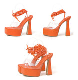 Liyke Ankle Strap Sandals Women PVC Transparent Open Toe Lace-Up 15CM High Heels Platform Chunky Party Dress Shoes Orange Mart Lion   