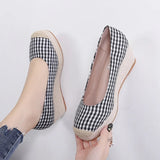 Wedges Heels Shoes Women Spring Summer Cloth Plaid Ladies High Heel 7cm MartLion   