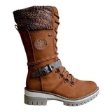Women Winter Buckle Lace Knitted Mid-calf Boots Low Heel Round Toe Boots Top Winter Warm Boots Women Botas MartLion