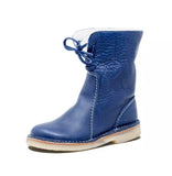 Women Snow Boots Winter Fur Plush Lace Up Ladies Flat Footwear Warm PU Leather Shoes Mart Lion blue 35 