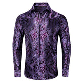 Hi-Tie Long Sleeve Silk Shirts Men's Suit Dress Outwear Slim Jacquard Wedding Floral Paisley Gold Blue Red MartLion 1039 S 