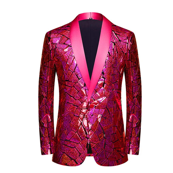 Luxury Laser Sequin Tuxedo Blazer Jacket Men's One Button Shawl Lapel Dress Suit Blazer Party Stage Prom Singer Homme MartLion Red Eu Size XS 