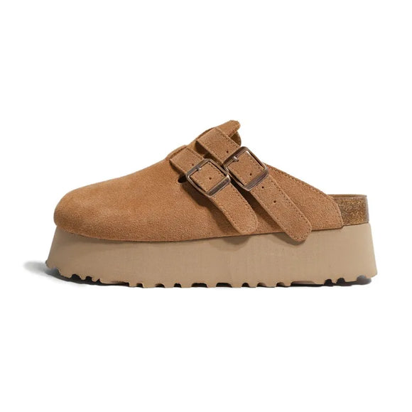 Thick-soled Birkenstocks Women's leather cow suede wrapped half slippers wear short people increase by 6CM MartLion   