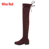 Slim Fit Thighs Over-the-Knee Long Boots Women Low Heel Concise Elastic Boots Retro Shoes Ladies Mart Lion Wine Red 34 China