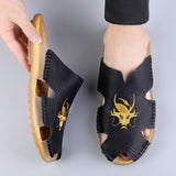 Cow Split Leather Men's Slippers Dragon Embroidery Casual Water Sport Sneakers Beach Flip Flops Outdoor Office Footwear Mart Lion   