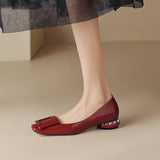 Spring Women Pumps Genuine Leather Shoes Square Toe Chunky Heel Shallow Square button Single MartLion Red 37 