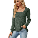 Autumn Winter Women's Solid U-Neck Casual Pit Square Neck Elegant Loose Versatile Long Sleeve T-shirt Top MartLion army green S 