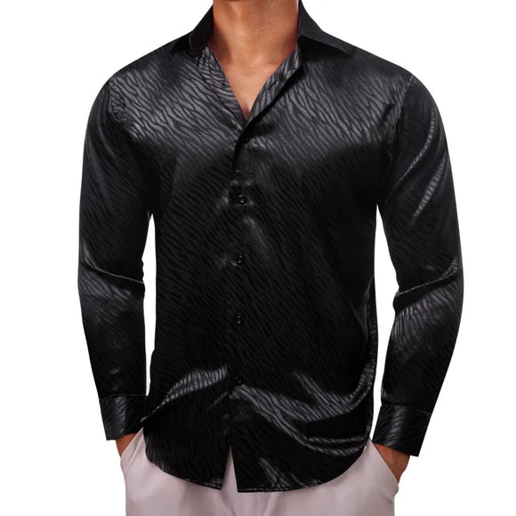  Luxury Shirts Men's Silk Satin Black Stripes  Long Sleeve Slim Fit Blouses Trun Down Collar Tops Breathable Clothing MartLion - Mart Lion