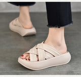 Platform slippers women wear cross-strap flip-flops summer casual 100 bypass head layer cowhide open-toe MartLion   