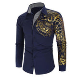 Luxury Men's Shirt Stamping Totem Print Turn Down Collar Buttons Slim Long Sleeve Top Public Club Fancy Mart Lion Navy Blue M 