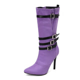 Liyke Design Many Buckle Women Autumn Winter Warm Short Plush Mid-Calf Boots Pointed Toe High Heels Shoes Female MartLion Purple 34 