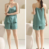 Women Pajamas Set Solid   Lingerie V Neck Vest Shorts Nightwear Satin Lingerie Nightie Slips MartLion   