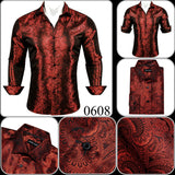  Luxury Silk Shirts Men's Green Paisley Long Sleeved Embroidered Tops Formal Casual Regular Slim Fit Blouses Anti Wrinkle MartLion - Mart Lion