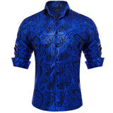Luxury Royal Blue Paisley Silk Dress Shirts Wedding Party Performence Shirt Men's Social Clothing camisas de hombre MartLion YC-2322 S 