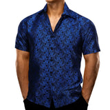 Barry Wang Men's Shirts Short Sleeve Silk Embroidered Red Green Blue Purple Gold Paisley Slim Fit Casual Blouses Lapel Tops MartLion 0218 S 