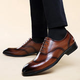 British Style Brown Dress Shoes Men's Pointed Toe Leather Brogue Oxford Zapatos De Vestir MartLion   