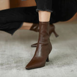 Brown Ankle Boots Women High Heel Fall Winter Leather Temperament Tip Elastic Shoes Mart Lion   