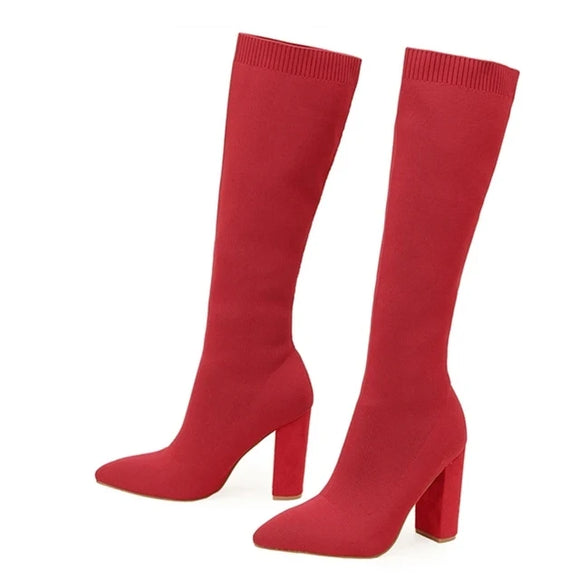 Green Women Cozy Knitting Stretch Fabric Knee High Boots Square Heels Autumn Winter Sock Long Shoes MartLion Red 38 